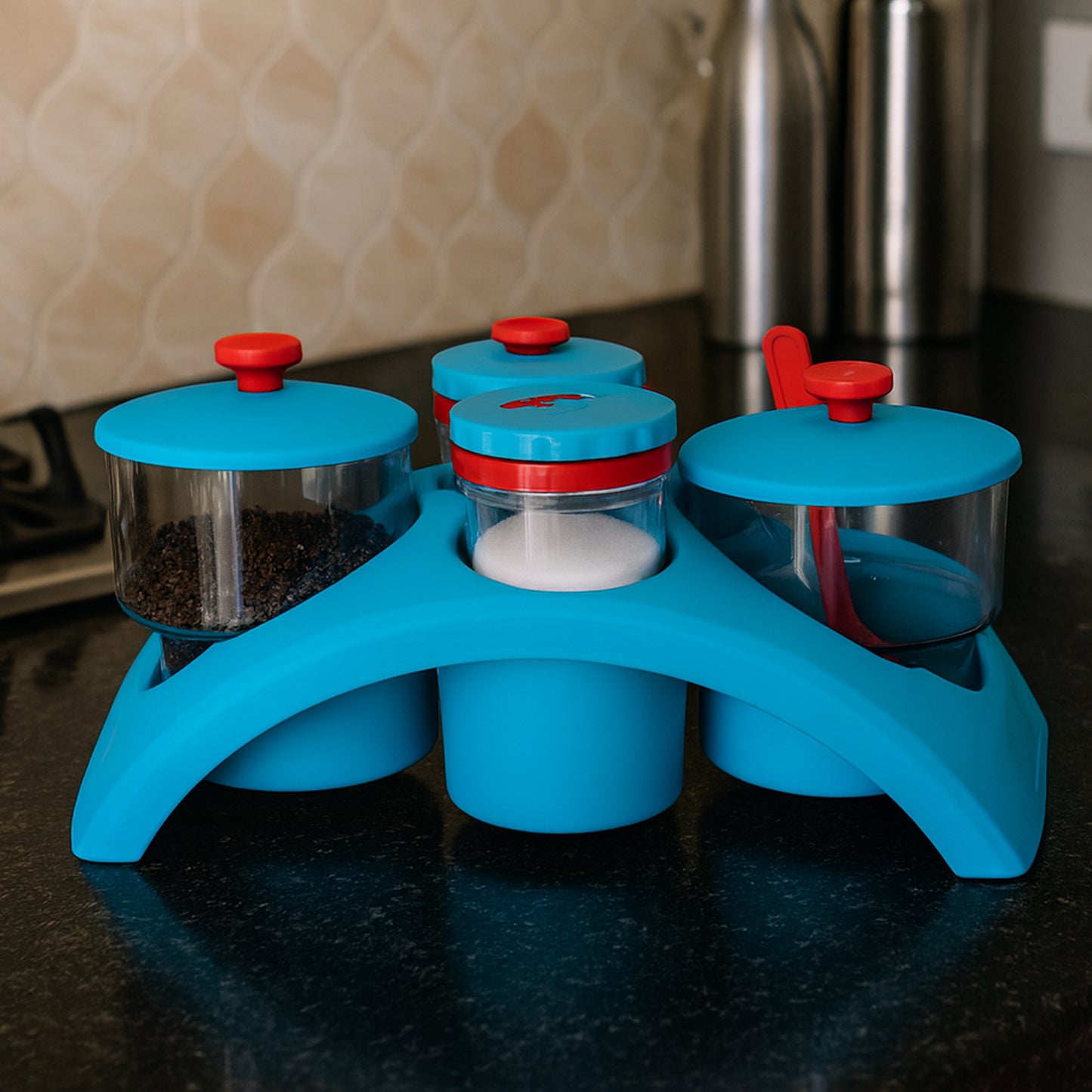 4 Pc Condiment Storage Set with Stand - Airtight Pickle, Salt & Pepper Containers - Happy Price - Image 7