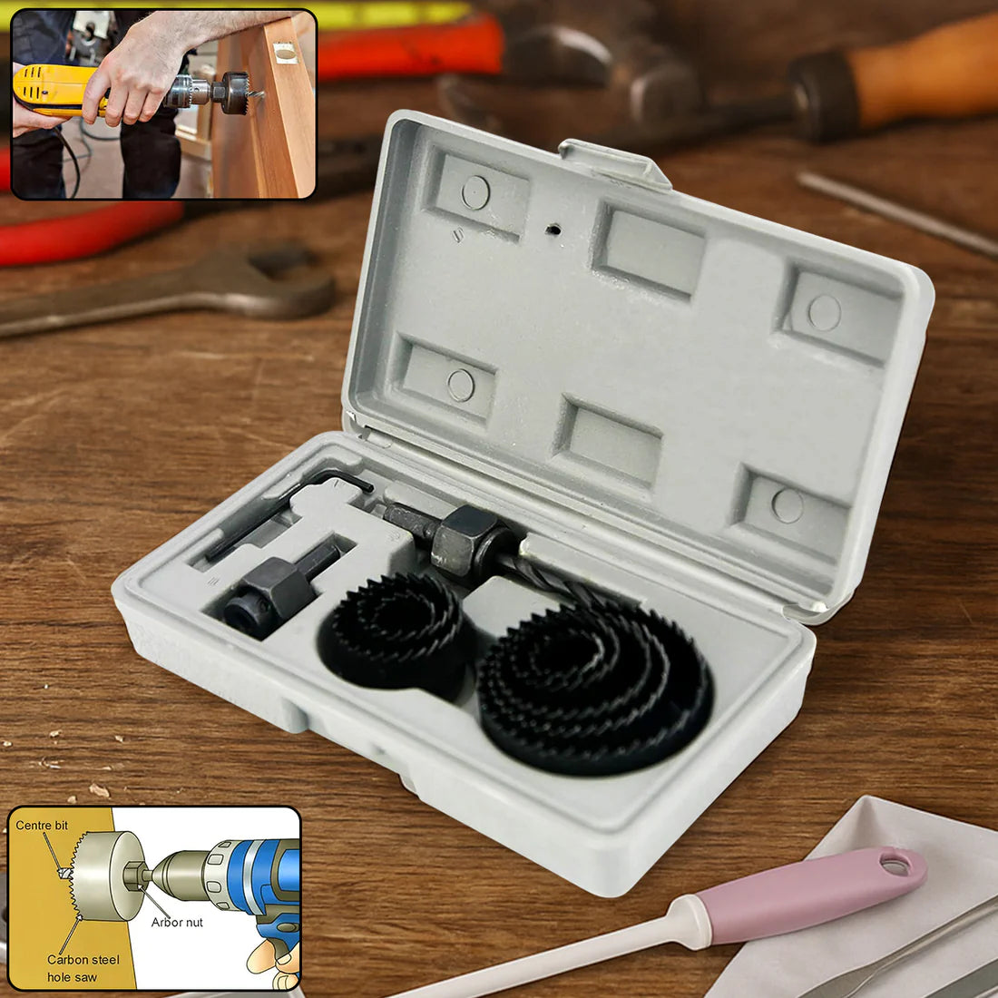 11 Pcs Wood Hole Saw Set (19-64mm) - Multicolour