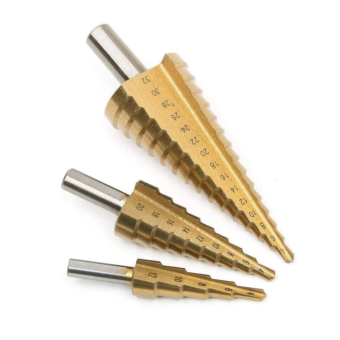 3 Pcs HSS Steel Step Cone Drill Bit Set with Titanium Coating (4-32mm, 4-20mm, 4-12mm)