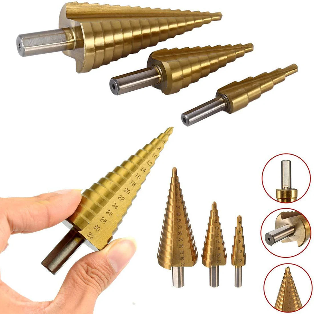 3 Pcs HSS Steel Step Cone Drill Bit Set with Titanium Coating (4-32mm, 4-20mm, 4-12mm)
