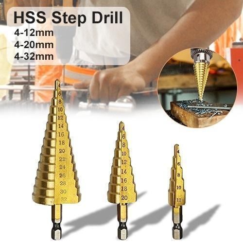 3 Pcs HSS Steel Step Cone Drill Bit Set with Titanium Coating (4-32mm, 4-20mm, 4-12mm)