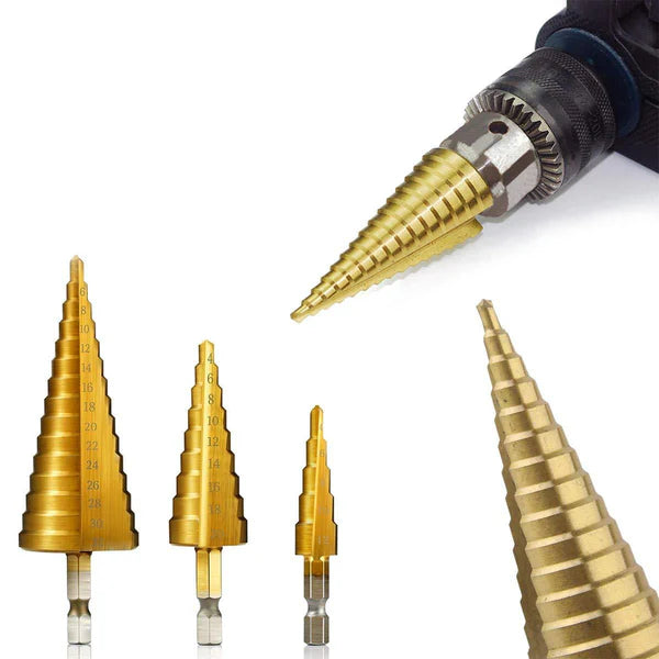 3 Pcs HSS Steel Step Cone Drill Bit Set with Titanium Coating (4-32mm, 4-20mm, 4-12mm)