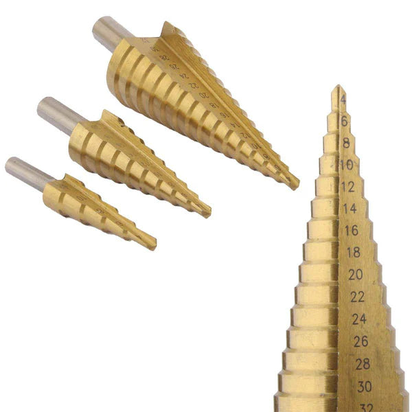 3 Pcs HSS Steel Step Cone Drill Bit Set with Titanium Coating (4-32mm, 4-20mm, 4-12mm)