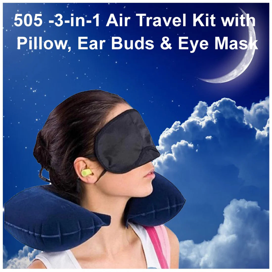 3-in-1 Travel Comfort Kit: Neck Pillow, Earplugs, Eye Mask (1 set)