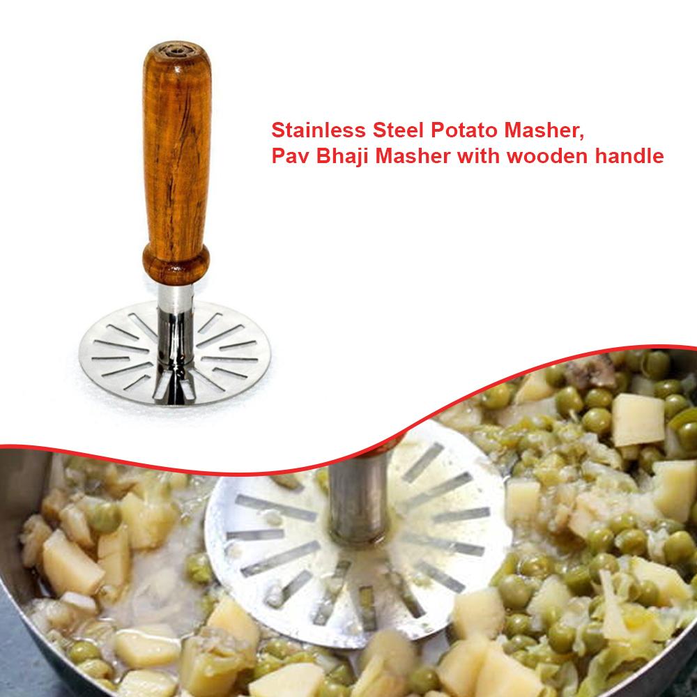 Stainless Steel Potato Masher Pav Bhaji Masher With Wooden Handle - Happy Price - Image 4