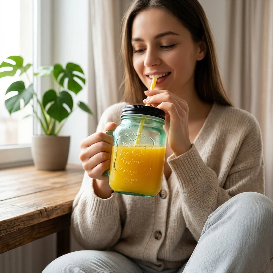 Drinking Cupglassmug Mason Jar With Handle  Straw