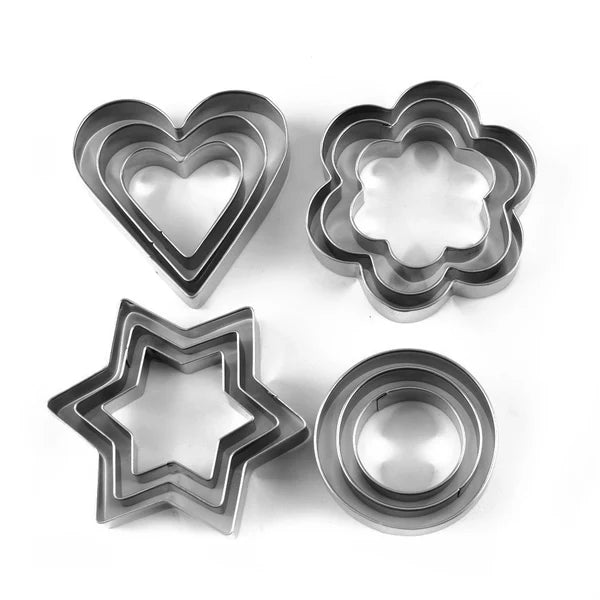 12 Piece Stainless Steel Cookie Cutter Set - Heart, Round, Star, Flower Shapes