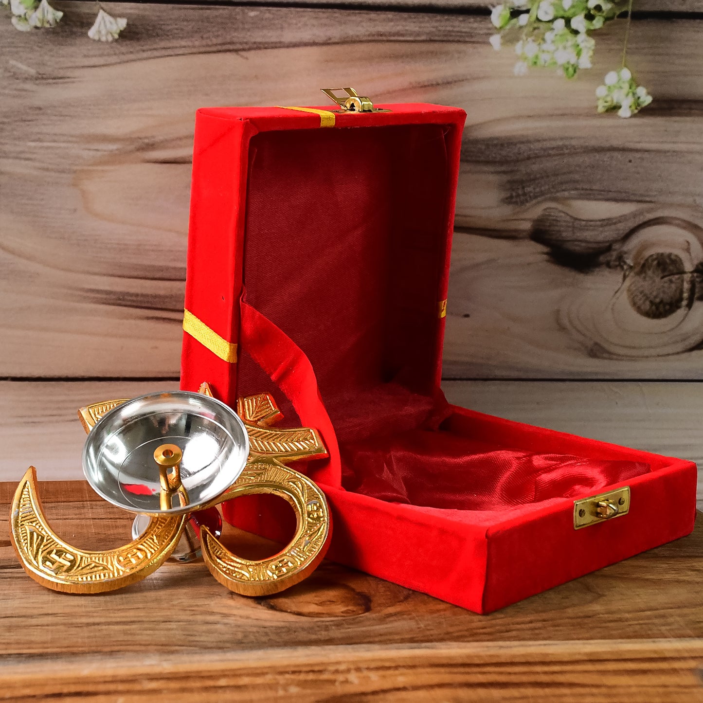 Om Symbol Brass Oil Diya with Silver Polish Bowl - 1 Pc - Happy Price - Image 3