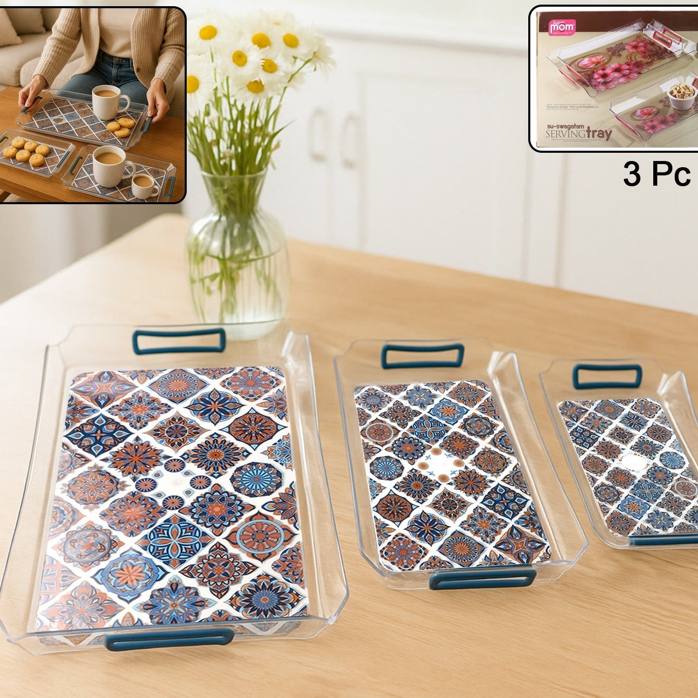 3 Piece Nesting Serving Tray Set with Handles - Happy Price - Image 1