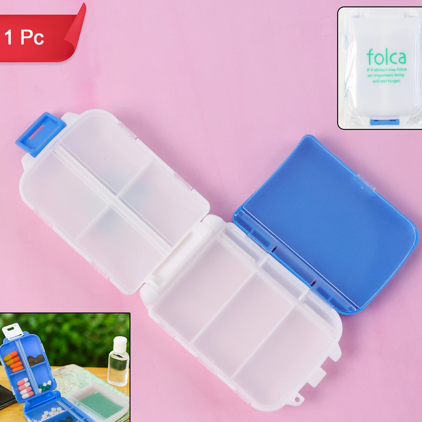 Portable Dual-Sided Pill Organizer Box - 8 Compartments, Blue - Happy Price - Image 1