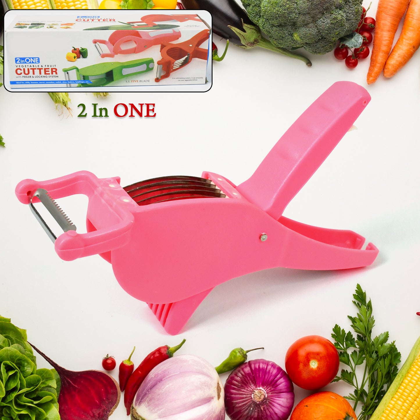 Plastic 2 In 1 Vegetable  Fruit Multi Cutter 5 Blade Vegetable Cutter With Peeler (1 Pc  Multicolor) - Happy Price - Image 2