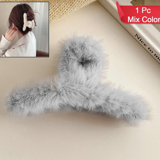 Large Plush Hair Claw Clips Plastic Fluffy Hair Claw Hair (1 Pc  Mix Color) - Happy Price - Image 1