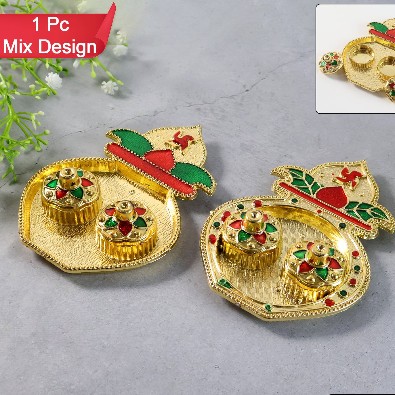 Decorative Plastic Kalash Kumkum Box - 1 Pc Mix Design - Happy Price - Image 1