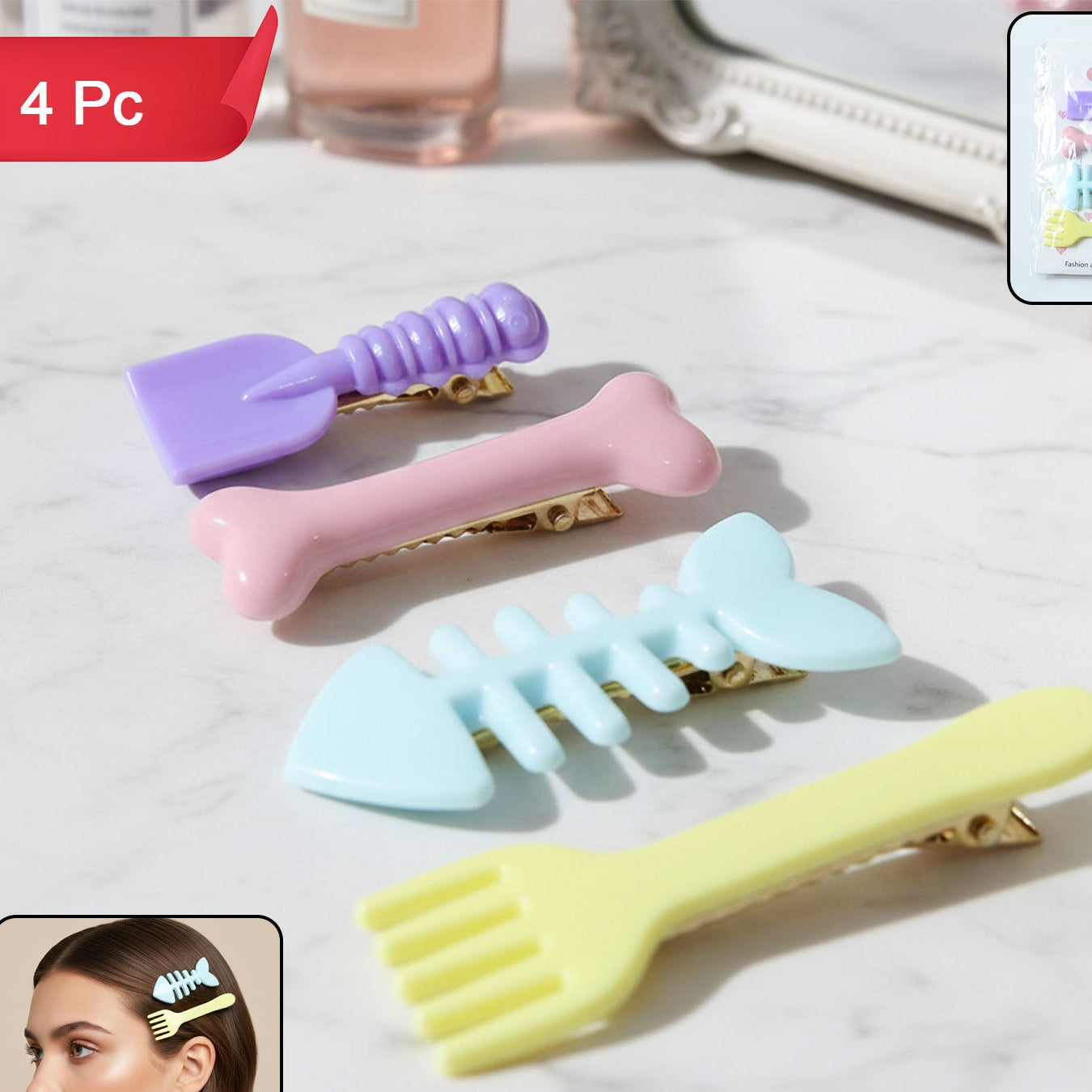 Cute Food Shape Hair Clip Set (4 Pc) - Fun Fork, Fish Bone, Drumstick & Spatula Designs - Happy Price - Image 1