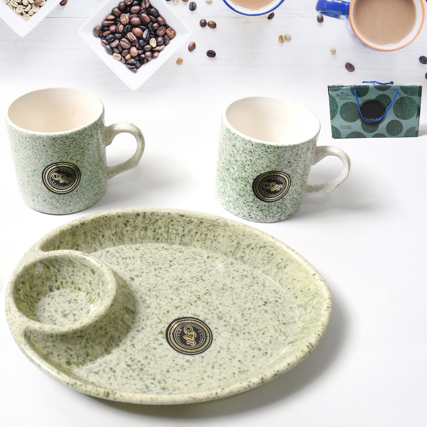 Alpino Ceramic Tea  Cups Set With Plastic Serving 2 Compartment Platter Milk Cup  Mug Coffee Cup Tea Cup Bpa Free Food Grade Or Outdoor For Household Gift For Birthday (3 Pcs Set) - Happy Price - Image 2