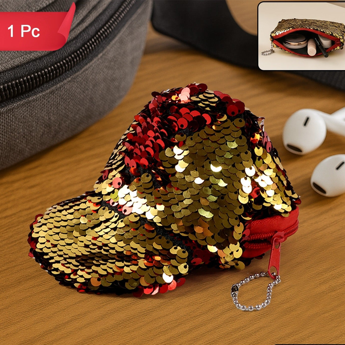 Sparkling Sequin Cap Coin Pouch with Keychain - Reversible Glitter Mini Bag (1 Pc) - Happy Price - Image 1
