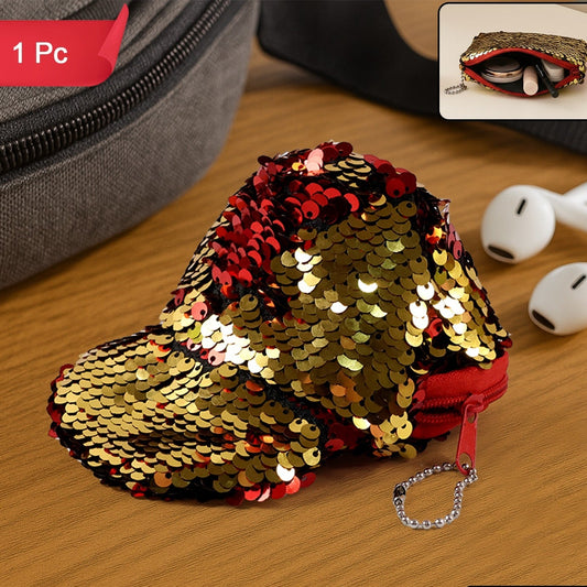 Sparkling Sequin Cap Coin Pouch with Keychain - Reversible Glitter Mini Bag (1 Pc) - Happy Price - Image 1