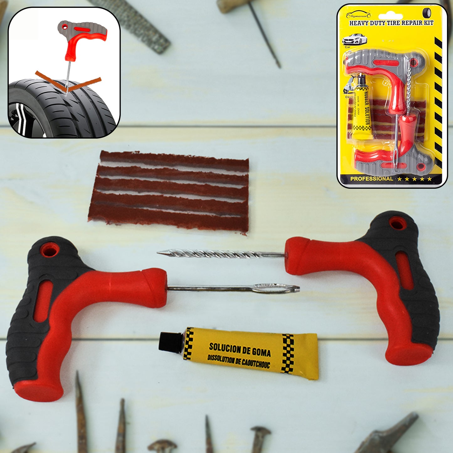 4 In 1 Universal Tubeless Tyre Puncture Repair Kit Puncher Patch Tools - Happy Price - Image 2