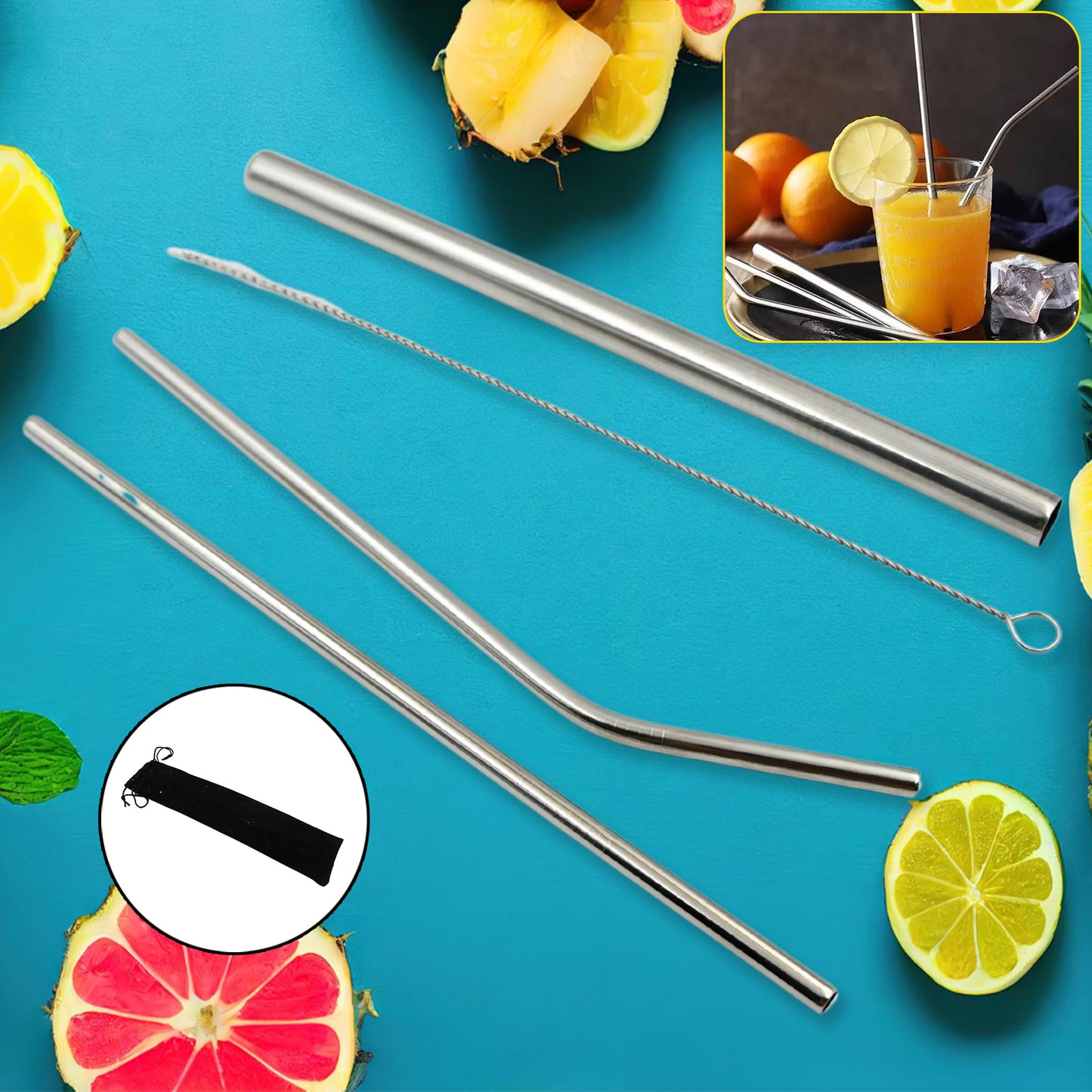 Reusable Stainless Steel Straws With Travel Case Cleaning Brush Eco Friendly Extra Long Metal Straws Drinking Set Of 4 (2 Straight Straws 1 Bent Straws 1 Brush) - Happy Price - Image 2