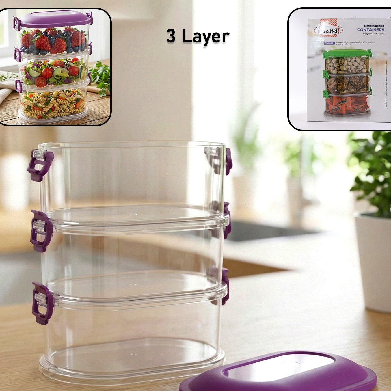 3 Layer Stackable Food Container Set with Airtight Lids - Kitchen Organization - Happy Price - Image 1