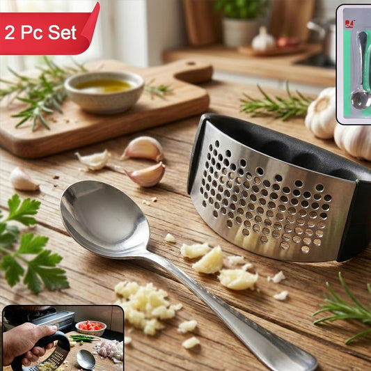 2 Pc Garlic Press & Spoon Set - Heavy Duty Kitchen Tool - Happy Price - Image 1