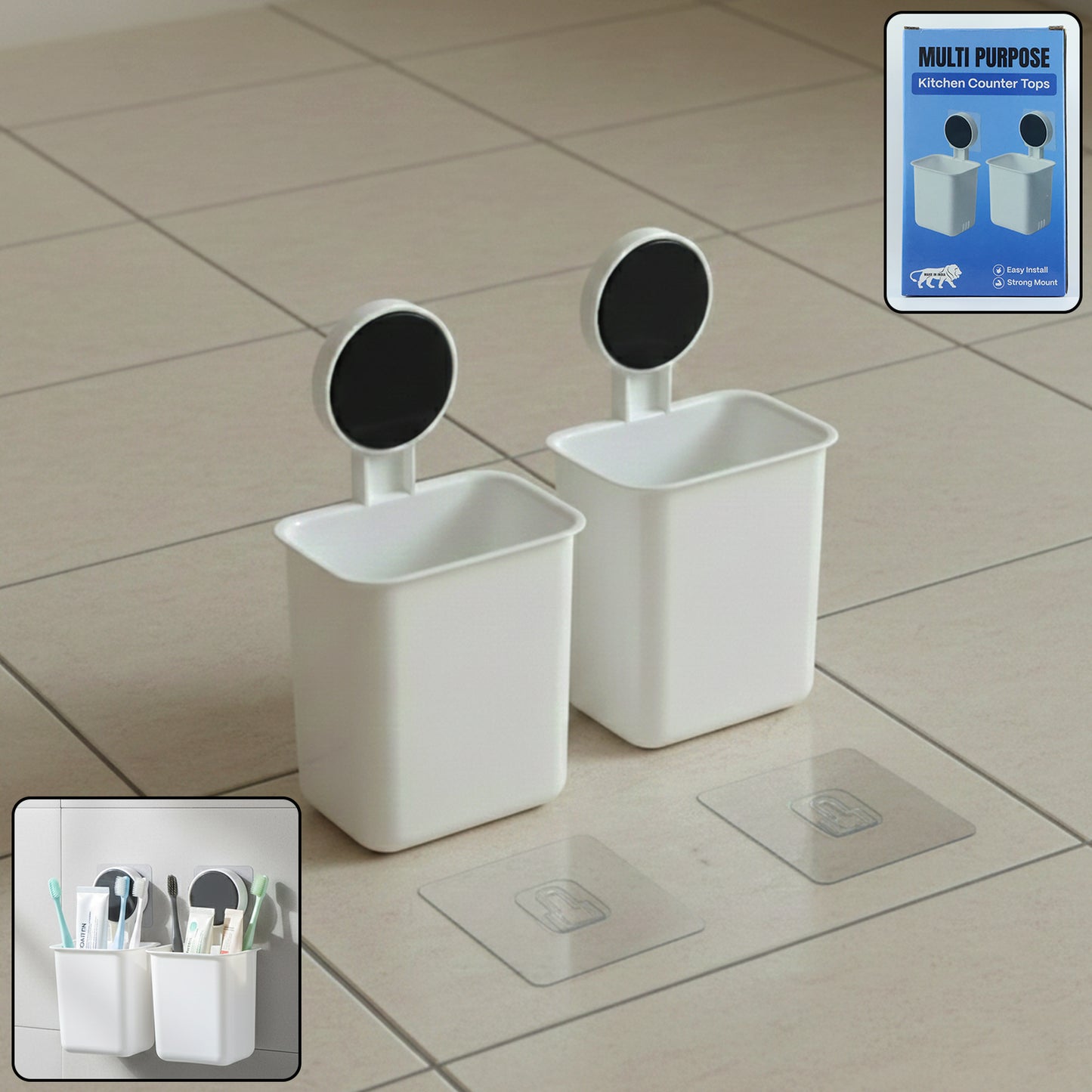 Wall Mounted Plastic Toothbrush Holder With Adhesive Installation (2 Pc)
