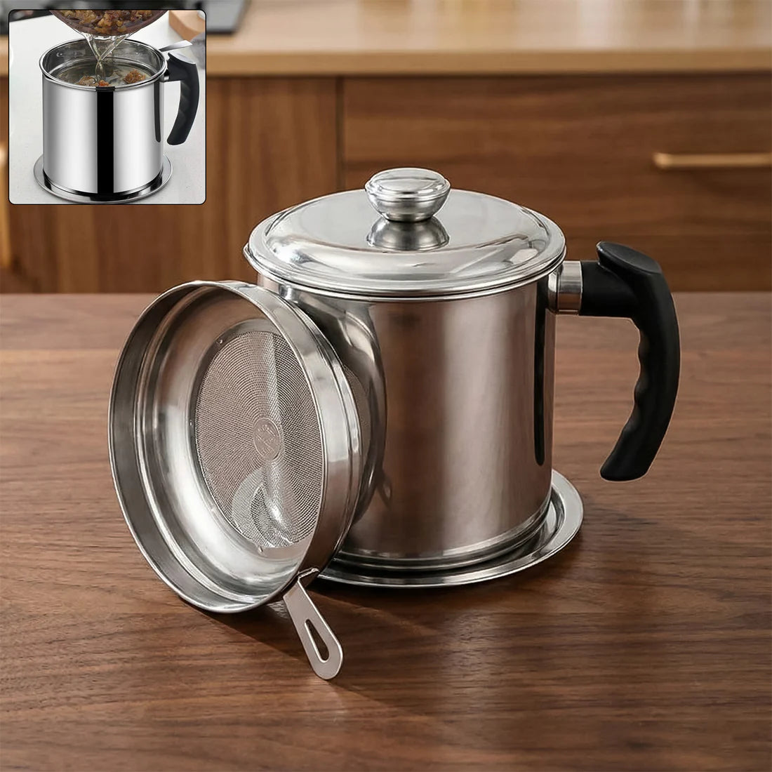 1.3 Ltr Stainless Steel Oil Filter Pot with Strainer & Lid - Happy Price - Image 5