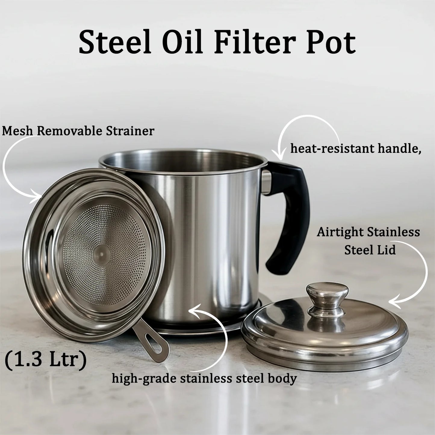 1.3 Ltr Stainless Steel Oil Filter Pot with Strainer & Lid - Happy Price - Image 3