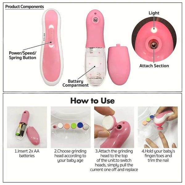 Electric Baby Nail File with 6 Grinding Heads for Infants & Toddlers