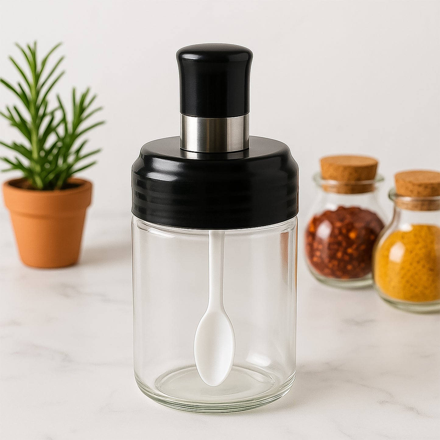 Clear Glass Spice Jar With Integrated Spoon  Airtight Lid (250ml Approx) - Happy Price - Image 2
