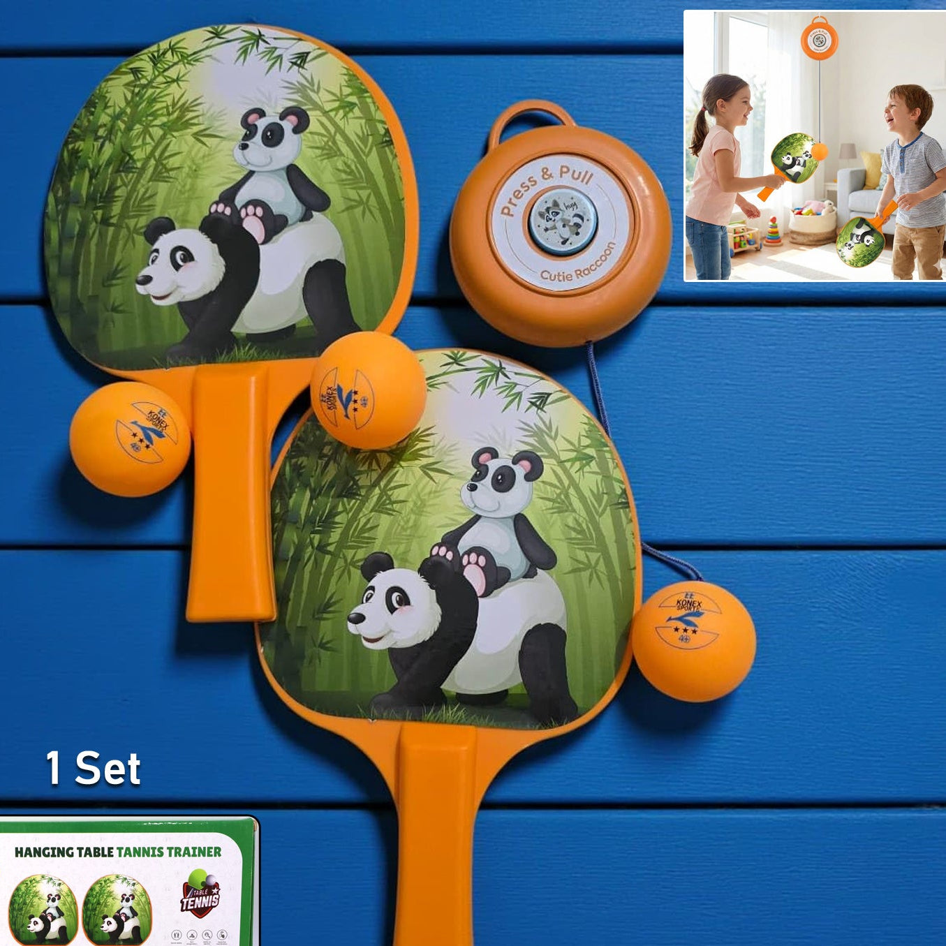 Indoor Ping Pong Trainer Set with 2 Paddles & 3 Balls - Panda Design (1 Set) - Happy Price - Image 1