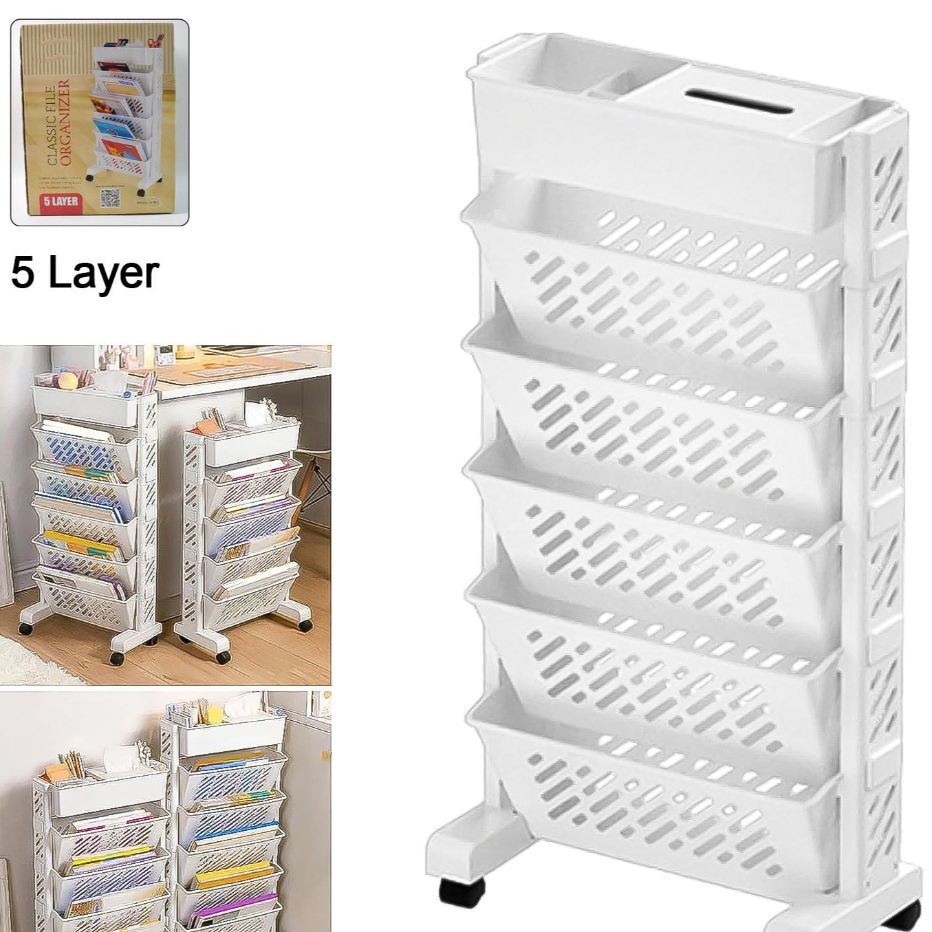 Movable Bookshelf Large Capacity Rotatable Plastic Rolling Organization Shelf  Rack - Happy Price - Image 1
