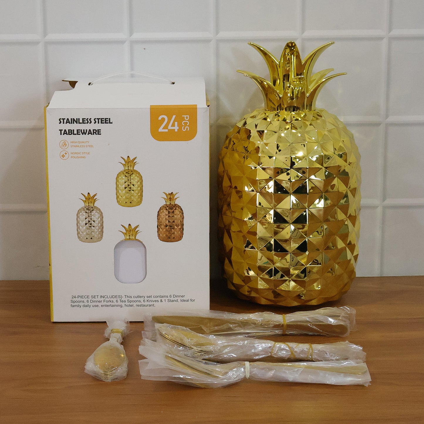 24 Piece Stainless Steel Gold Cutlery Set with Pineapple Stand - Happy Price - Image 7