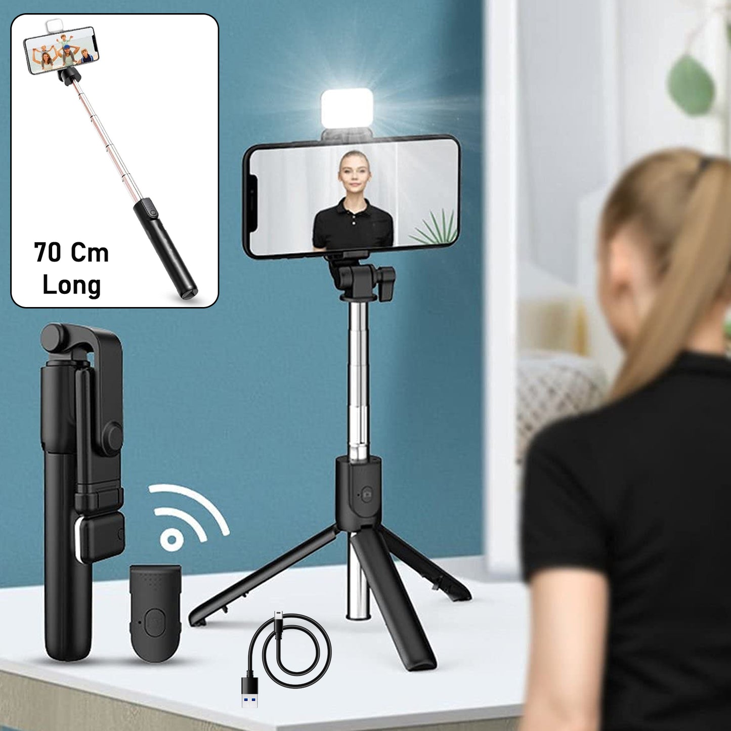 3-in-1 Wired Selfie Stick with Tripod and Light, Extends to 70cm - Happy Price - Image 2