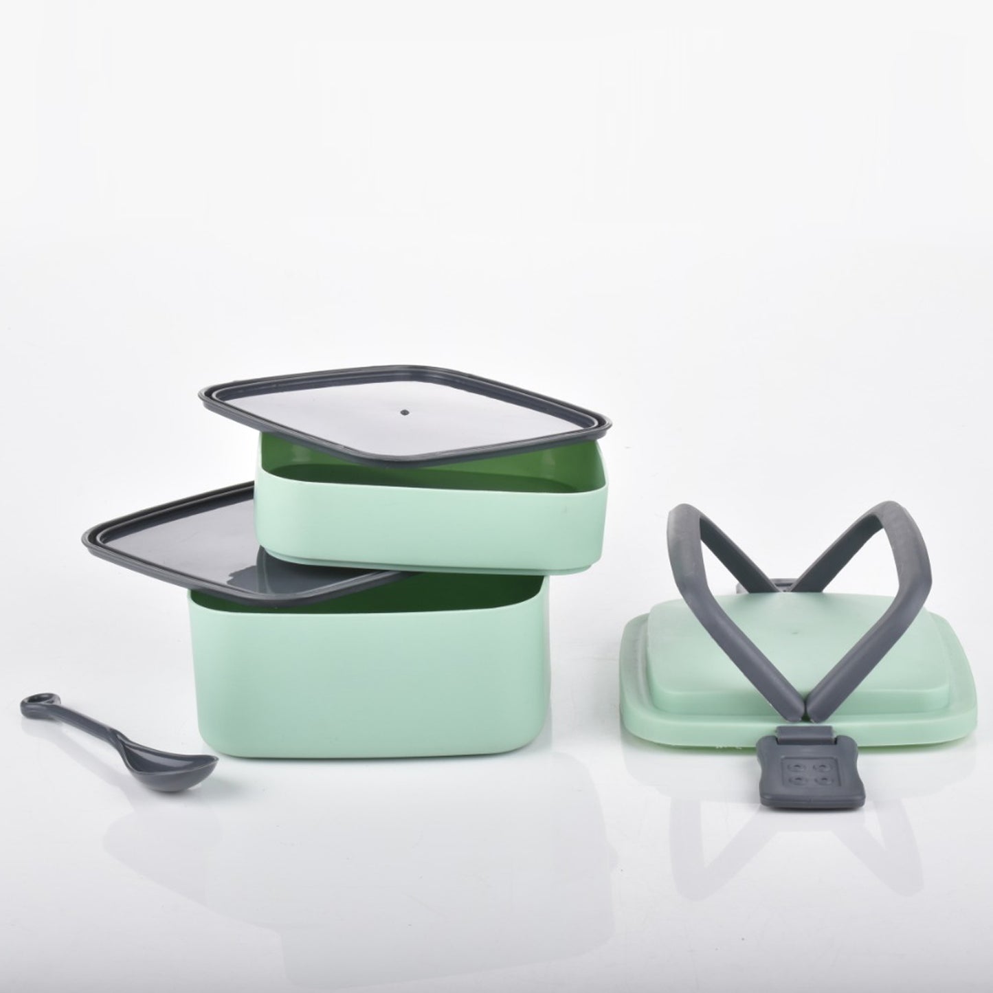 Green Double-layer Portable Lunch Box Stackable With Carrying Handle And Spoon Lunch Box - Happy Price - Image 4