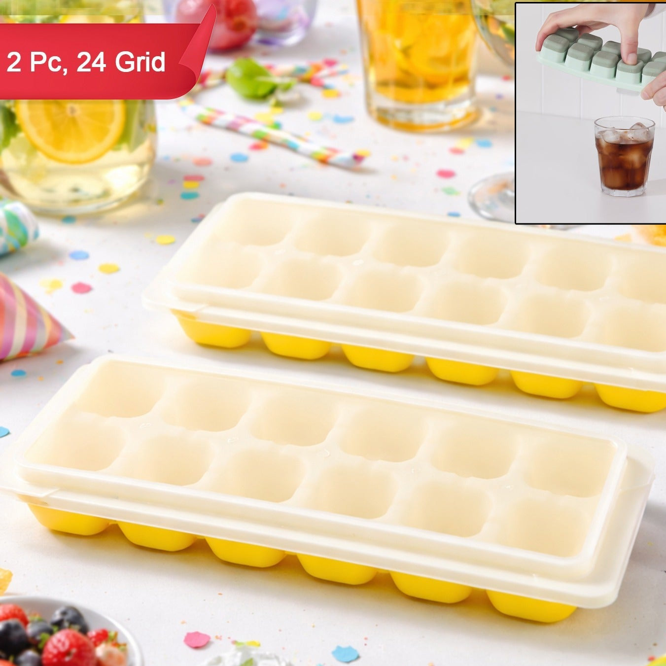 24 Grid Pop Up Ice Cube Tray Set With Lid (2 Pc Set)