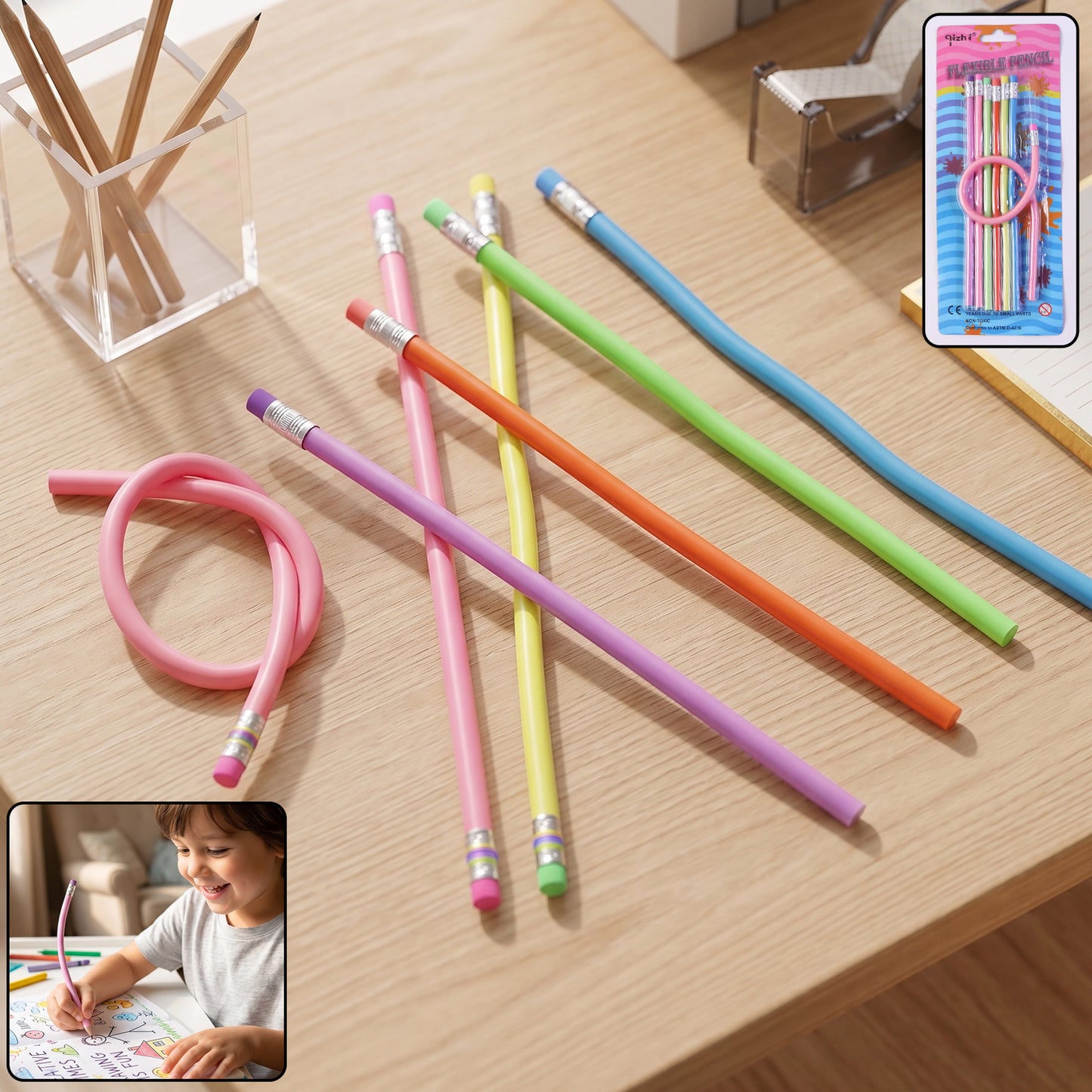 7 Pc Flexible Magic Pencils with Erasers - Colorful Soft Bendable Writing Tools - Happy Price - Image 2