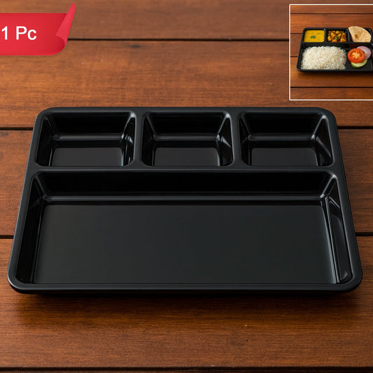 Plastic 4-Compartment Rectangular Meal Tray - 33x25 cm, 1 Pc Black Dining Plate - Happy Price - Image 1