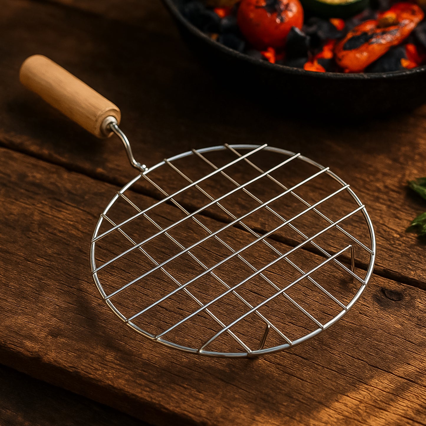 Kitchen Round Stainless Steel Roaster Papad Jali Barbecue Grill With Wooden Handle - Happy Price - Image 2