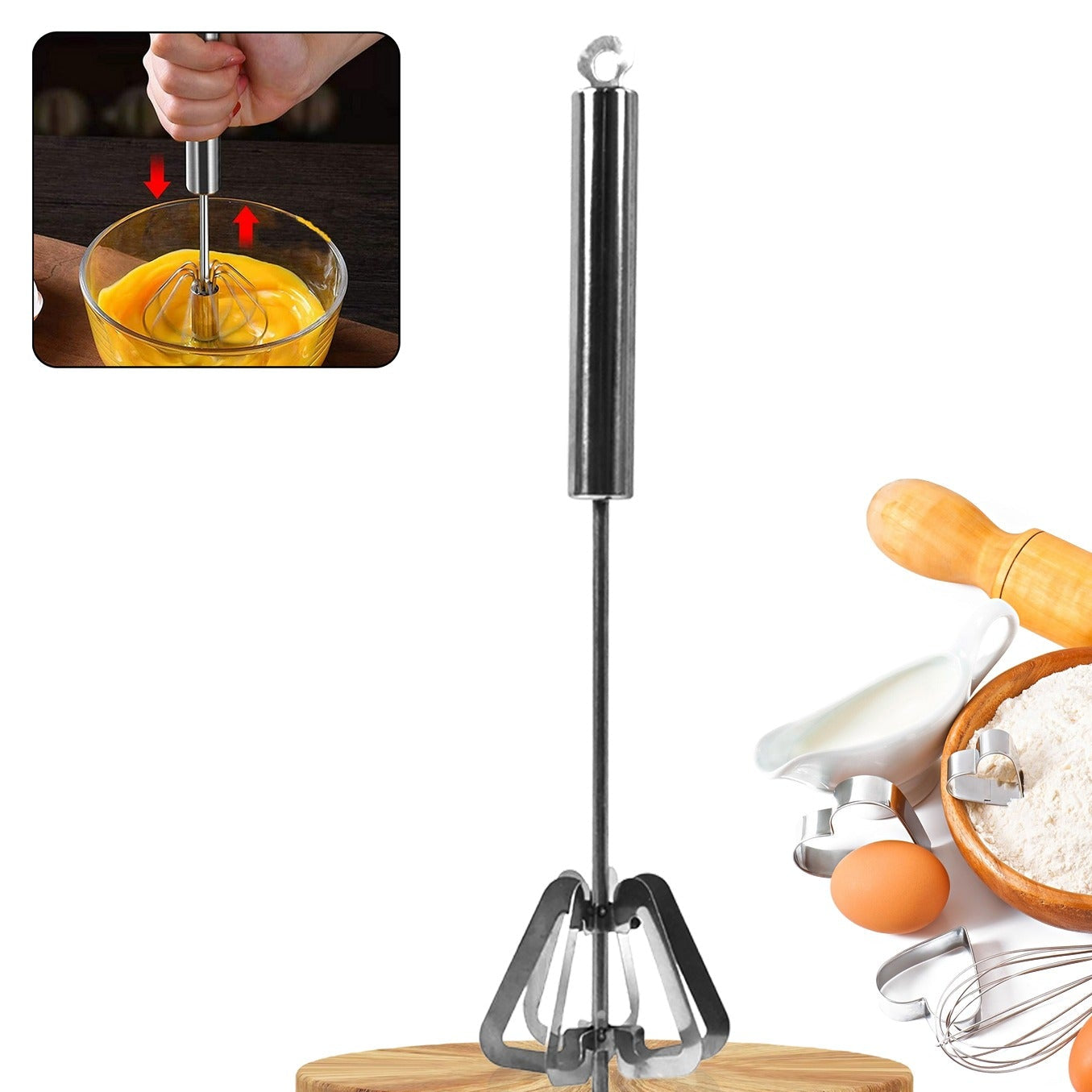 Hand Push Mixer Egg Whisk Stainless Steel Blender (1 Pc) - Happy Price - Image 1