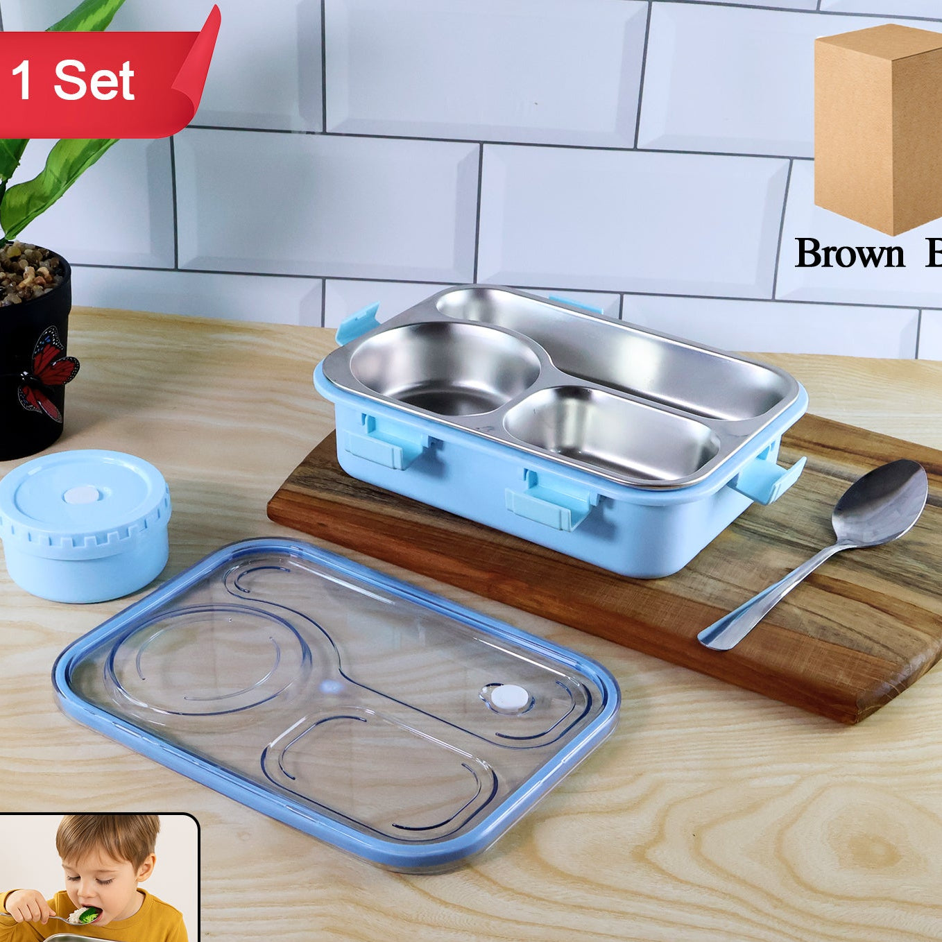 Stainless Steel Compartment Lunch Box with Side Container - Leakproof Bento for Office & School - Happy Price - Image 1