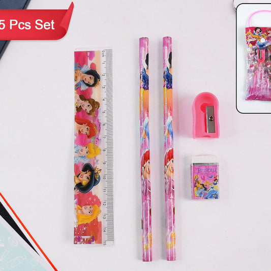 Mix Design Cartoon Wooden Pencil Set Stationary Set 5 In 1 Items Educational Item For School Going Kids Stationary Set For Girls Boysstationary For Schoolgift Pack For Girls Kidsbirthday Gift Kids (5 Pc Set ) - Happy Price - Image 1