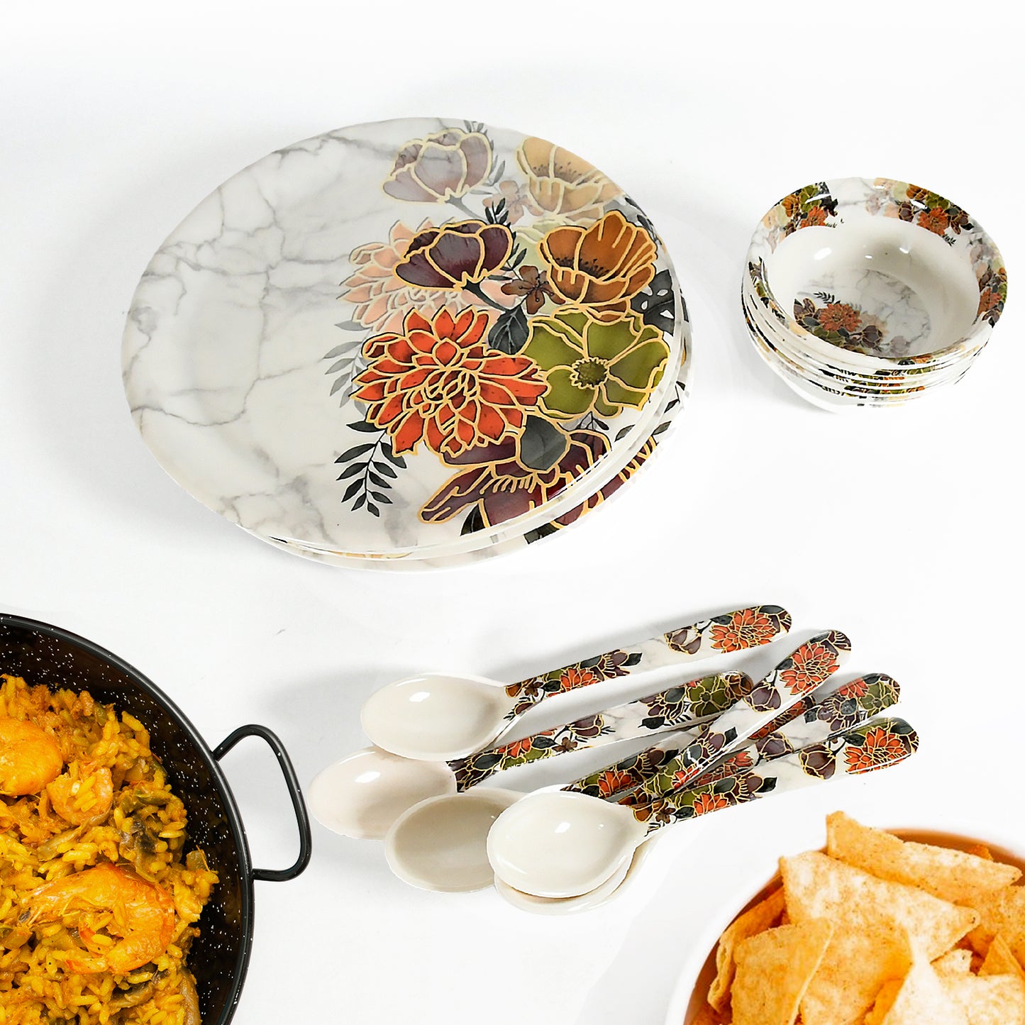 Dream High Quality Plastic Dinning Dinner Set With Unique Flower Design Printed 6 Pc Plates 6 Pc Bowls And 6 Pc Serving Spoon Lightweight Round Plates And Bowls Microwave And Dishwasher Safe (18 Pcs Set) - Happy Price - Image 2
