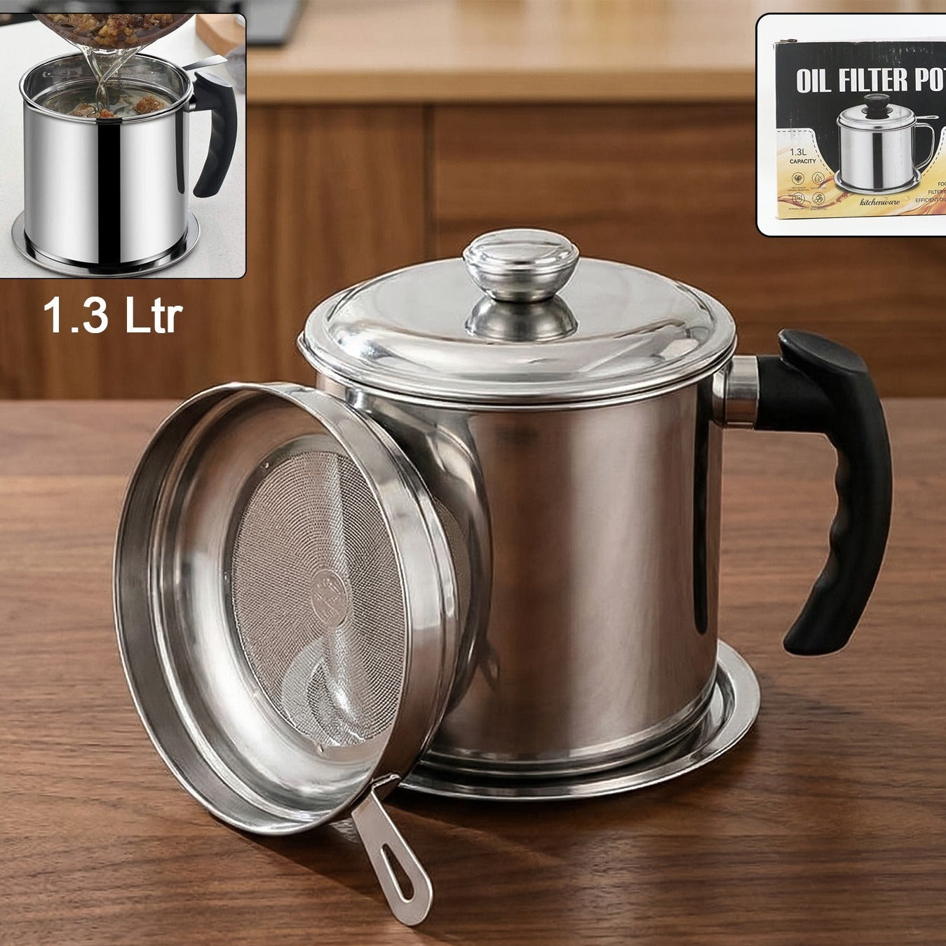 1.3 Ltr Stainless Steel Oil Filter Pot with Strainer & Lid - Happy Price - Image 1