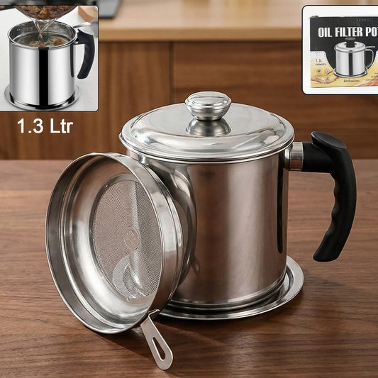 1.3 Ltr Stainless Steel Oil Filter Pot with Strainer & Lid - Happy Price - Image 1