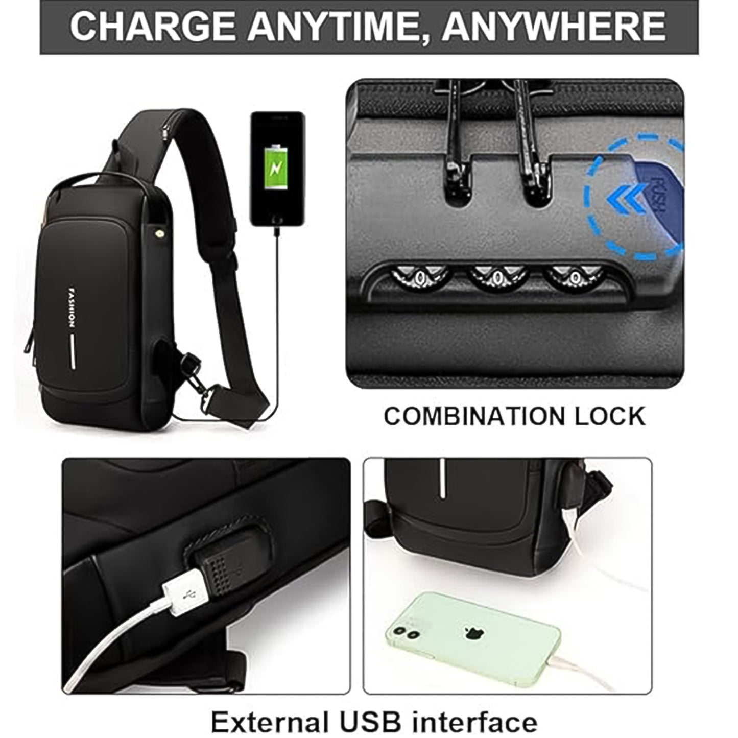 Anti-Theft Crossbody Sling Bag with USB Port & Lock - 1 Pc - Happy Price - Image 5