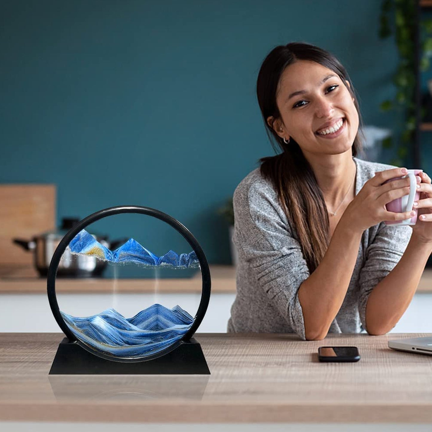 Moving Sand Art Picture Decor 3d Deep Sea Sandscape Liquid Motion Round Glass Frame Display Flowing Sand Relaxing Gift For Kids Adults Painting Artistic Sandscape For Home Office Ornament Desktop Art Bookshelves Decoration (1 Pc ) - Happy Price - Image 5