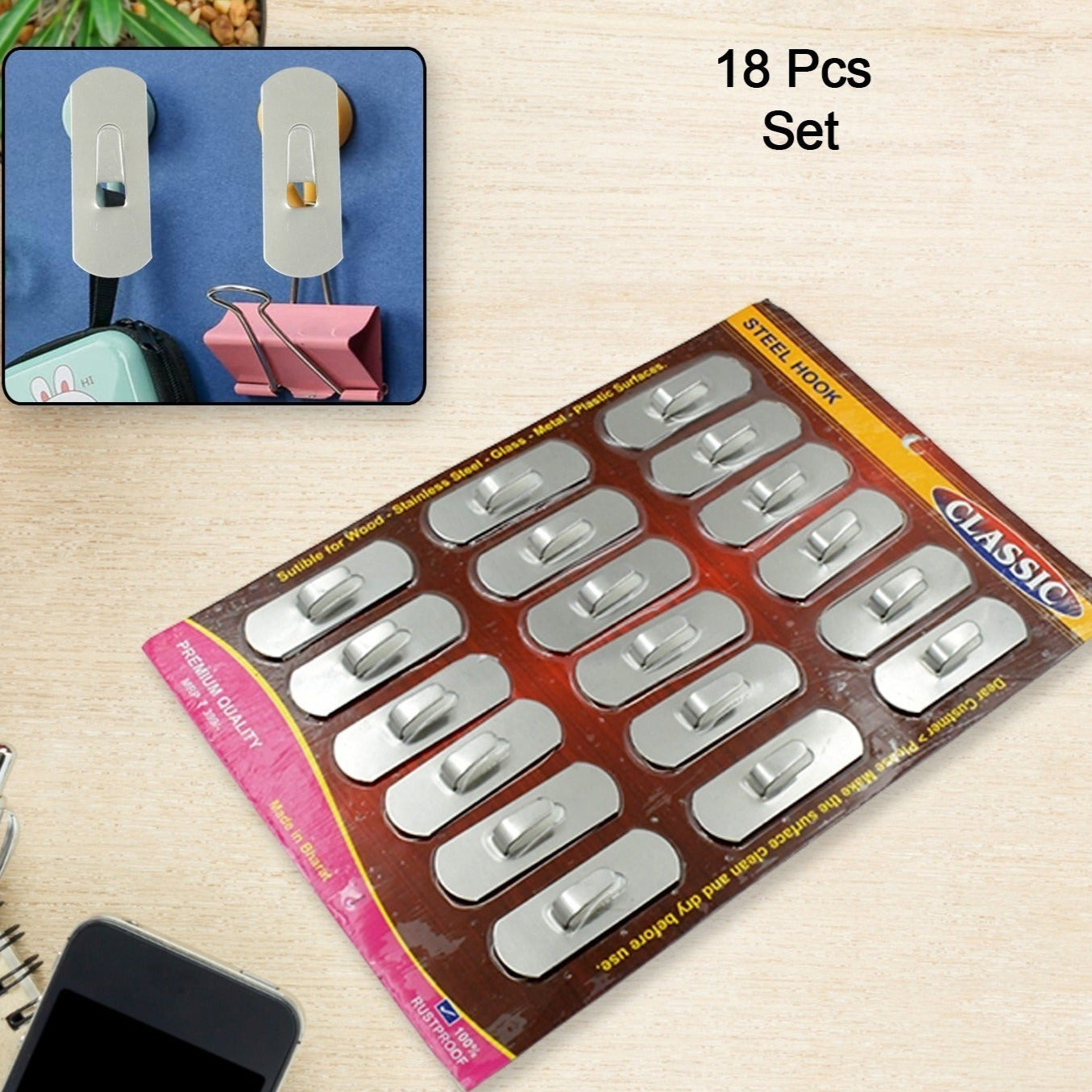 Multipurpose Stainless Steel Wall Hanging Hook 12 Pc Self Adhesive Stainless Steel Heavy Duty Wall Hooks For Hanging Clothes Calender Bathroom Tiles Kitchen Key Hange (18 Pc Set) - Happy Price - Image 1