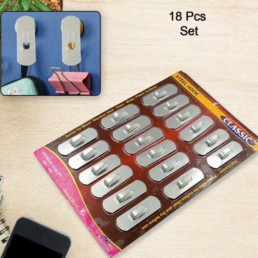 Multipurpose Stainless Steel Wall Hanging Hook 12 Pc Self Adhesive Stainless Steel Heavy Duty Wall Hooks For Hanging Clothes Calender Bathroom Tiles Kitchen Key Hange (18 Pc Set) - Happy Price - Image 1
