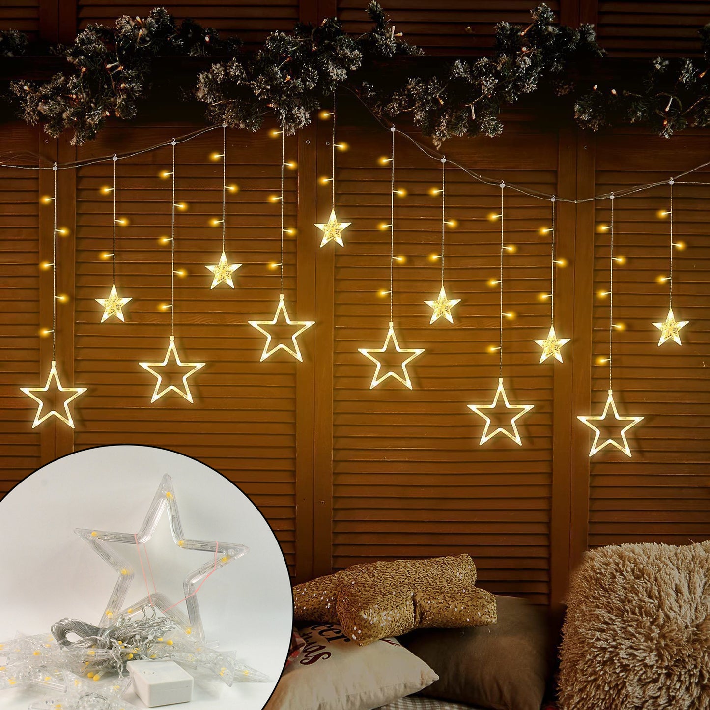 12 Star LED Curtain Lights - Warm White, 8 Modes for Festivals & Home Decor - Happy Price - Image 6